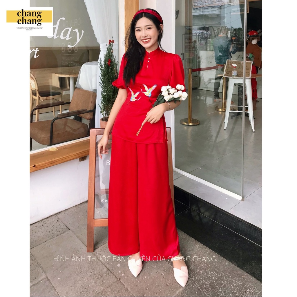 Đồ Lam Nữ Đi Chùa,  Bộ Đi Chùa Nữ Thêu Hạc Sắc Nét Vải Lụa Cao Cấp Kín Đáo Thanh Lịch - Màu Đỏ | Chang Chang