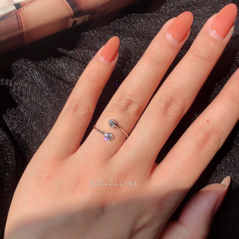 925 Silver Double Diamond Ring Open Ring Adjustable Size Simple Korean Style Ring Women Fashion Ring