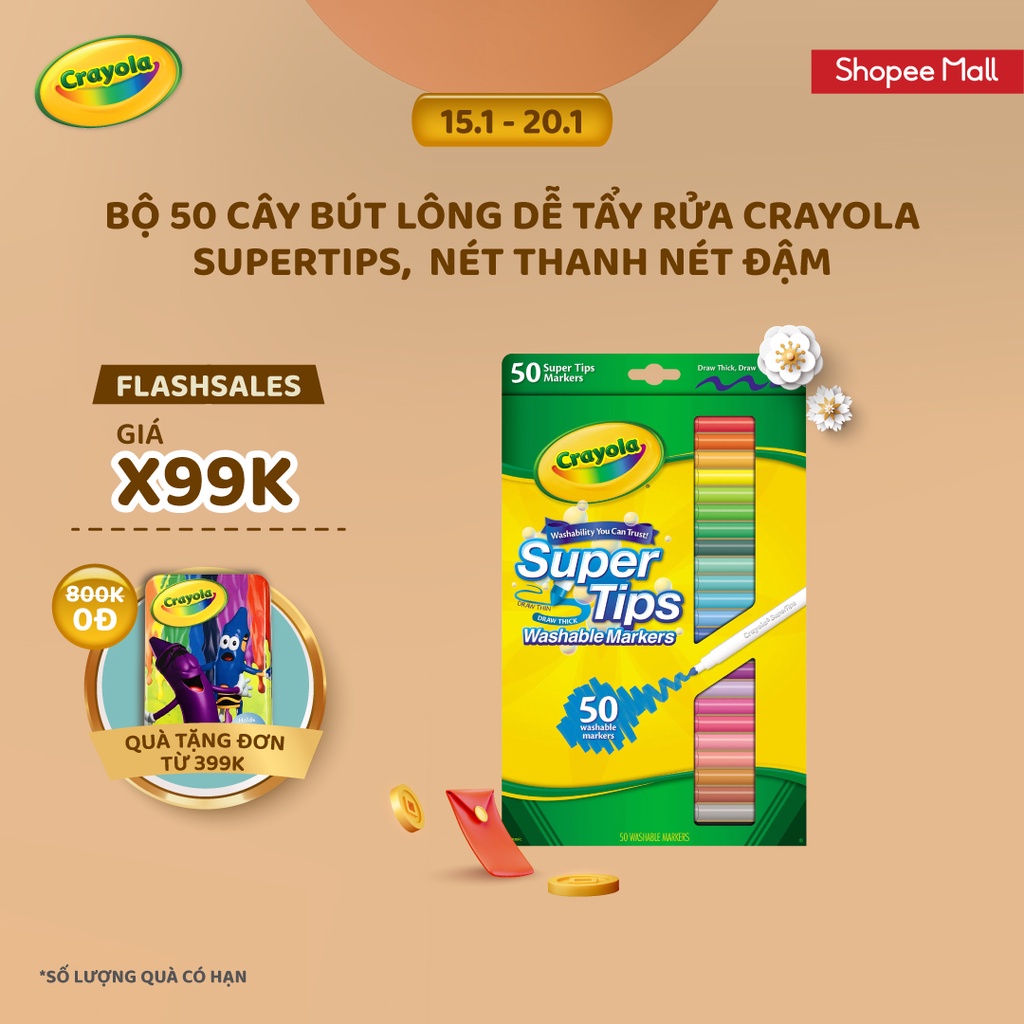 Bộ 50 cây Bút lông Dễ tẩy rửa Crayola Supertips, Nét thanh nét đậm - 585050