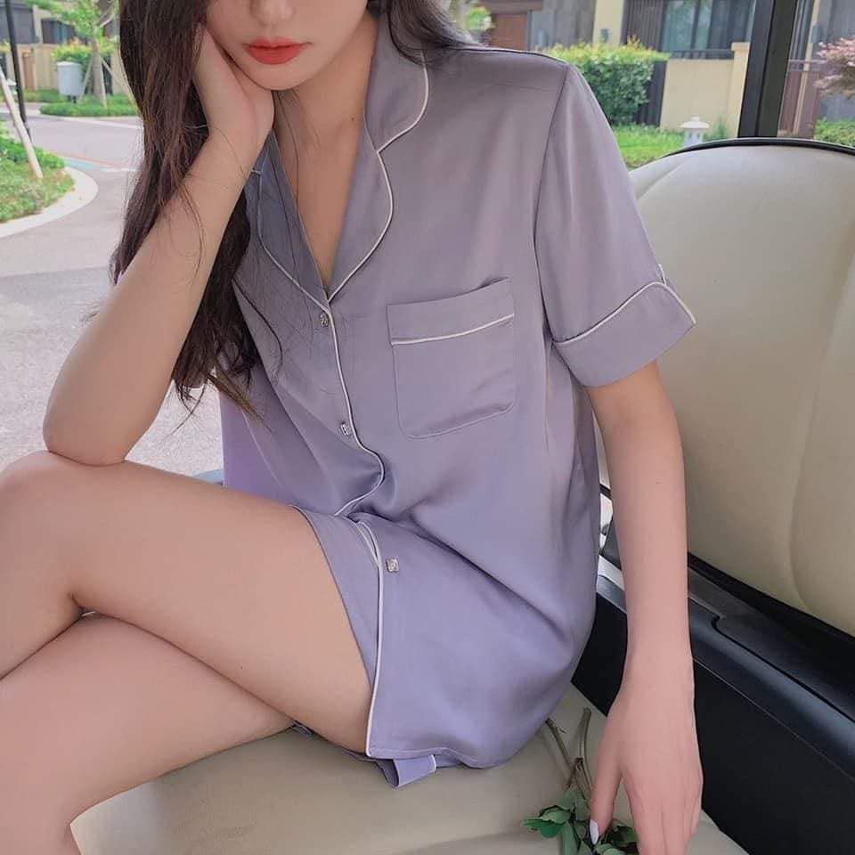 Bộ ngủ lụa cộc tay VS 3 màu xanh, tím, hồng