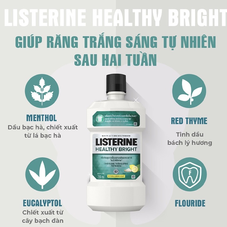 Nước súc miệng giúp răng trắng sáng tự nhiên Listerine Healthy Bright 750ml