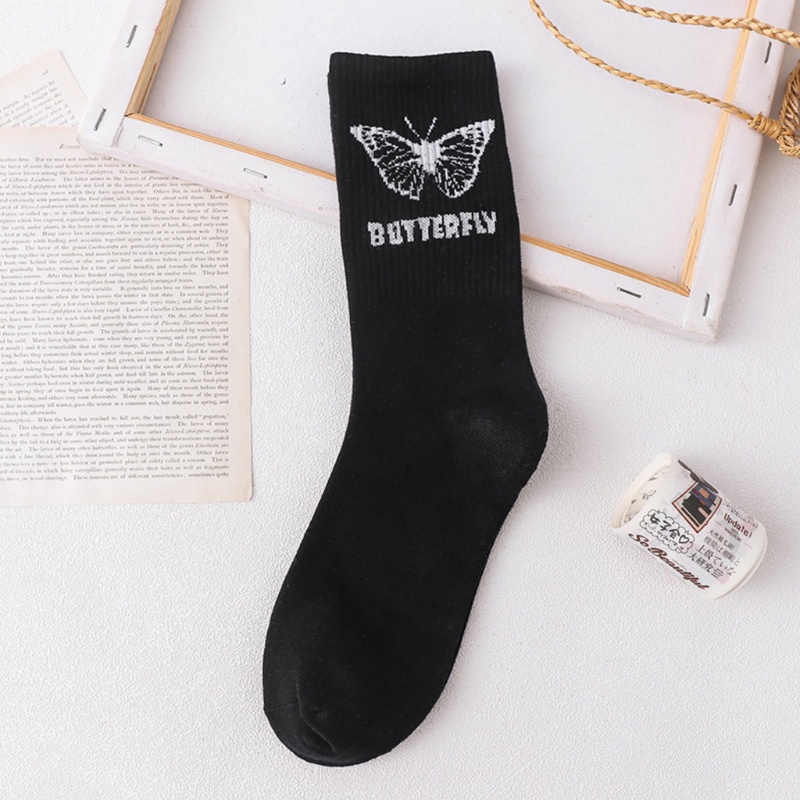 Vớ cotton ống vừa in hình bướm màu đen trắng phong cách Nhật Bản Harajuku Hip Hop thời trang đường phố cho nữ