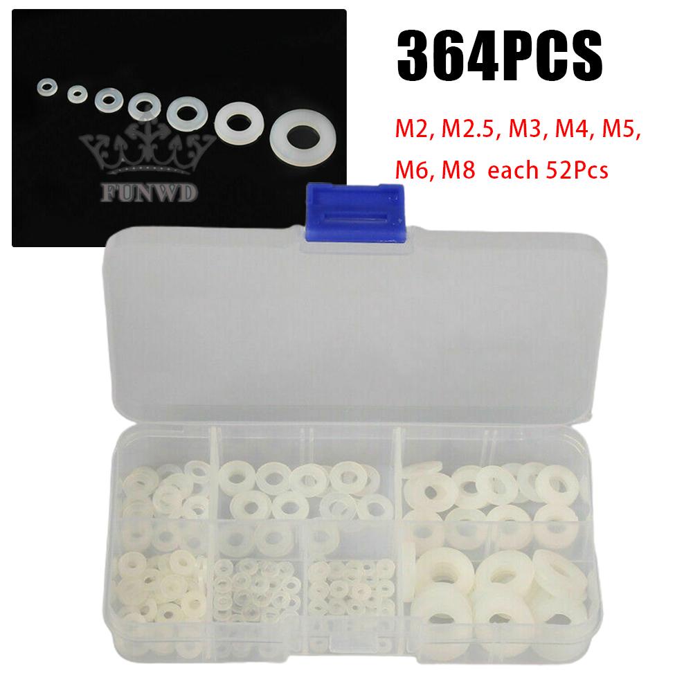 【FUNWD】364 PCS Nylon Rubber Flat Ring Washer Gaskets white M2 M2.5 M3 M4 M5 M6 M8