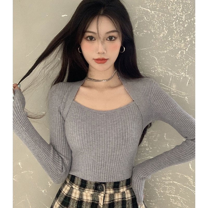 QKOOLE  Áo dệt kim cổ vuông tay dài thời trang retro Hàn Quốc dành cho nữ
