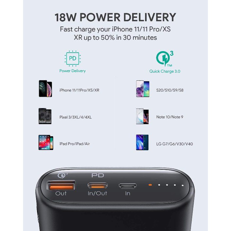 PIN SẠC AUKEY PB-Y39 15.000 MAH LÕI PIN TESLA, SẠC NHANH POWER DELIVERY 18W VÀ QUICK CHARGE 3.0 18W