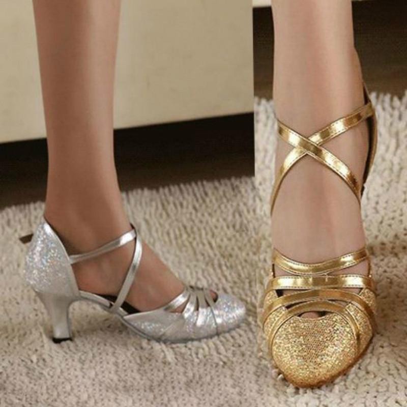 Giày khiêu vũ bít mũi 2 vàng ánh kim mẫu mới 7cm QV