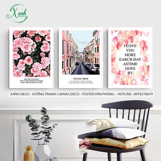 Bộ tranh canvas phong cảnh hoa hồng vitage tặng đinh treo tranh không cần khoan tường