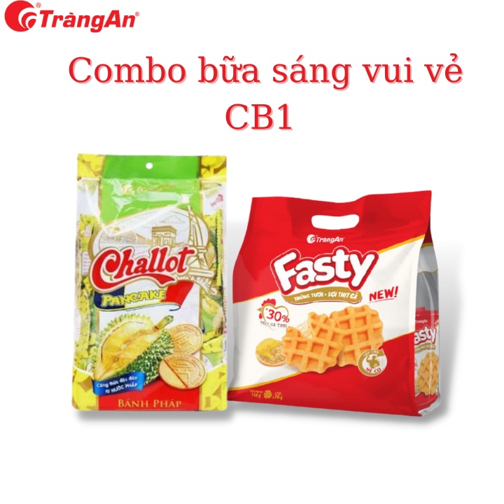 Combo CB1: 1 gói bánh pancake Challot vị sầu riêng 275g và 1 gói bánh trứng ruốc thịt gà Fasty 156g,thương hiệu Tràng An