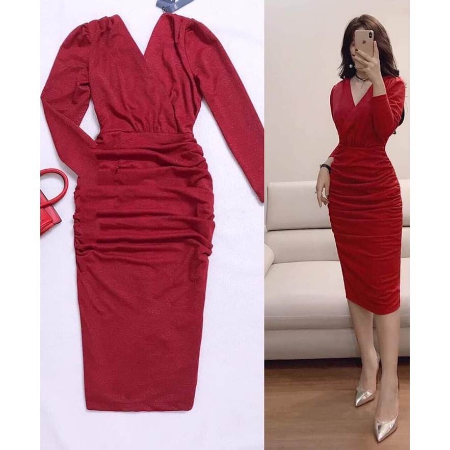 ĐẦM THUN HÀN ÁNH KIM SANG TRỌNG - KIỂU DÁNG BODY - CỔ V ĐẮP CHÉO -NHÚN HÔNG CHE KHUYẾT ĐIỂM