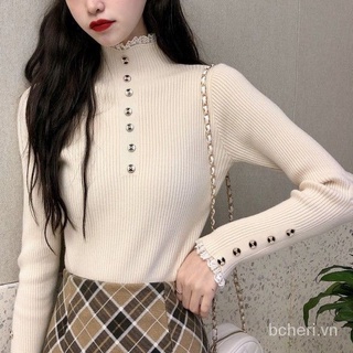 [HÀNG MỸ] Áo len FOREVER21 thun gân dày tay body cổ cao 3cm nút giữa tua rua màu be, vàng bò