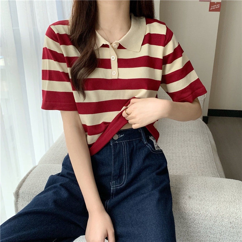 HPCL📣Áo Sweater ngắn tay họa tiết kẻ sọc phong cách Hàn quốc | BigBuy360 - bigbuy360.vn