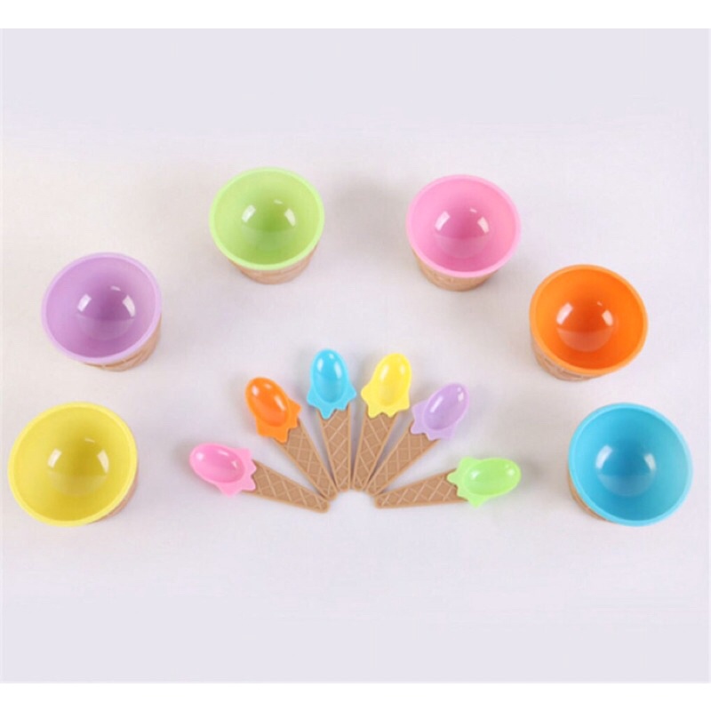 Bộ chén muỗng hình ly kem, dụng cụ làm slime bằng nhựa nhiều màu dễ thương