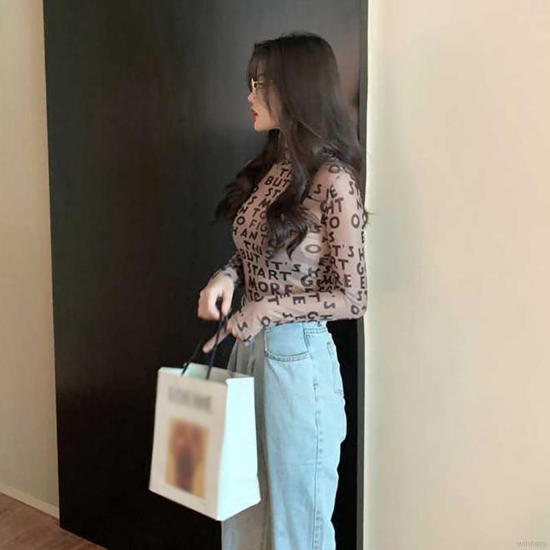 Áo lưới xuyên thấu tay dài in họa tiết chữ phong cách cổ điển thời trang quyến rũ cho nữ