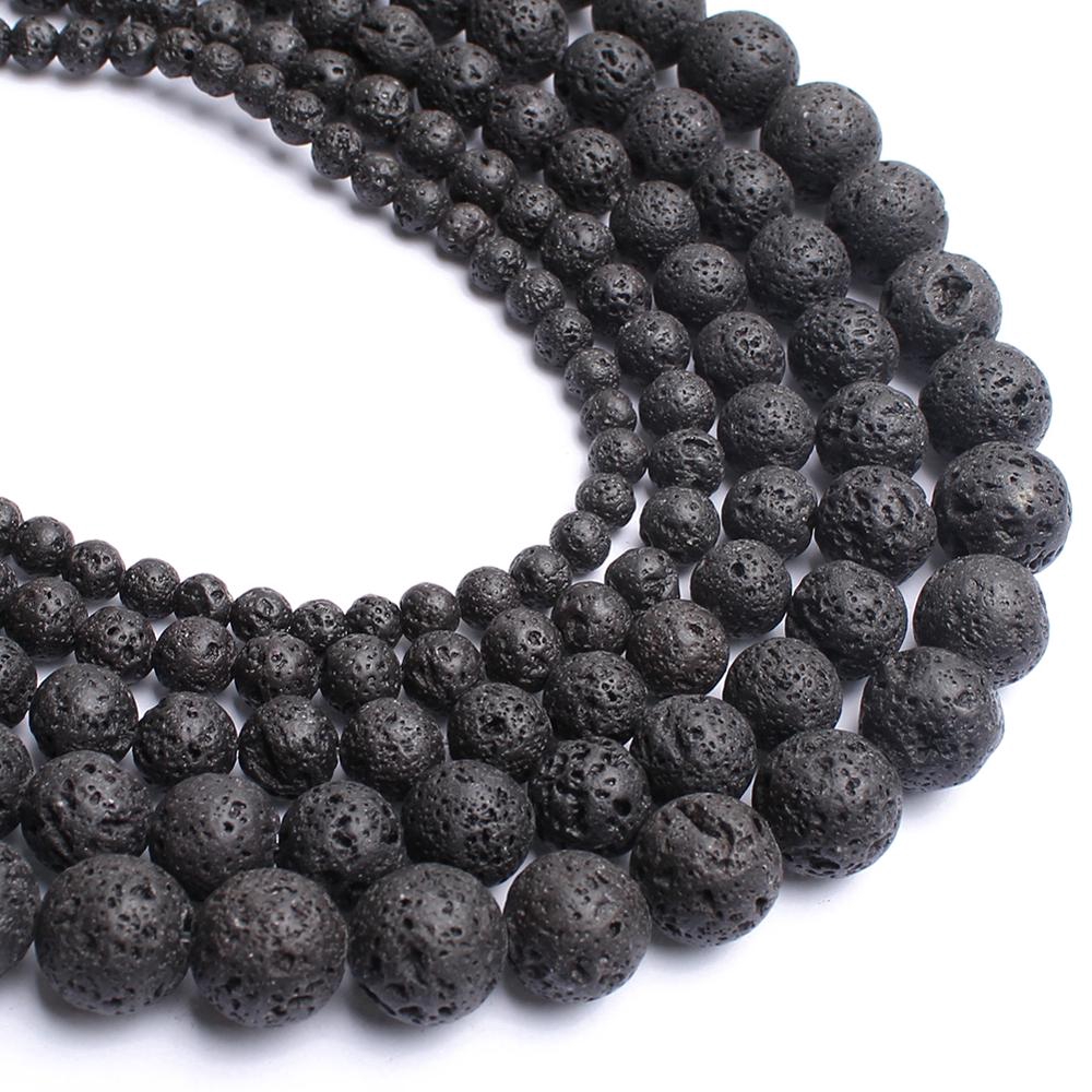 Chuỗi hạt đá nham thạch đen tự nhiên dùng làm phụ kiện thủ công 4/6/8/10/12mm