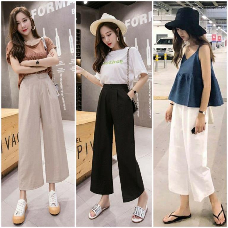 Quần ống rộng - Quần vải đũi xước cạp cao khóa thật dáng lửng – Màu Đen Trắng và Kem – Quần nữ ống rộng
