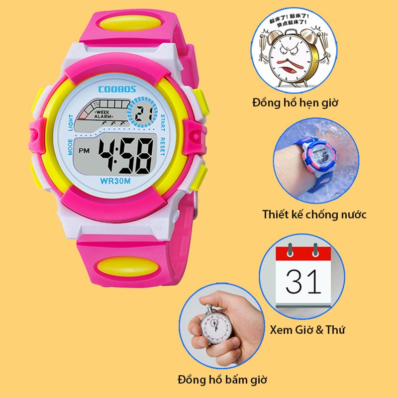 Đồng Hồ Trẻ Em COOBOS 0916 Chính Hãng, đồng hồ điện tử thể thao chống nước 30m cho bé trai &amp; bé gái