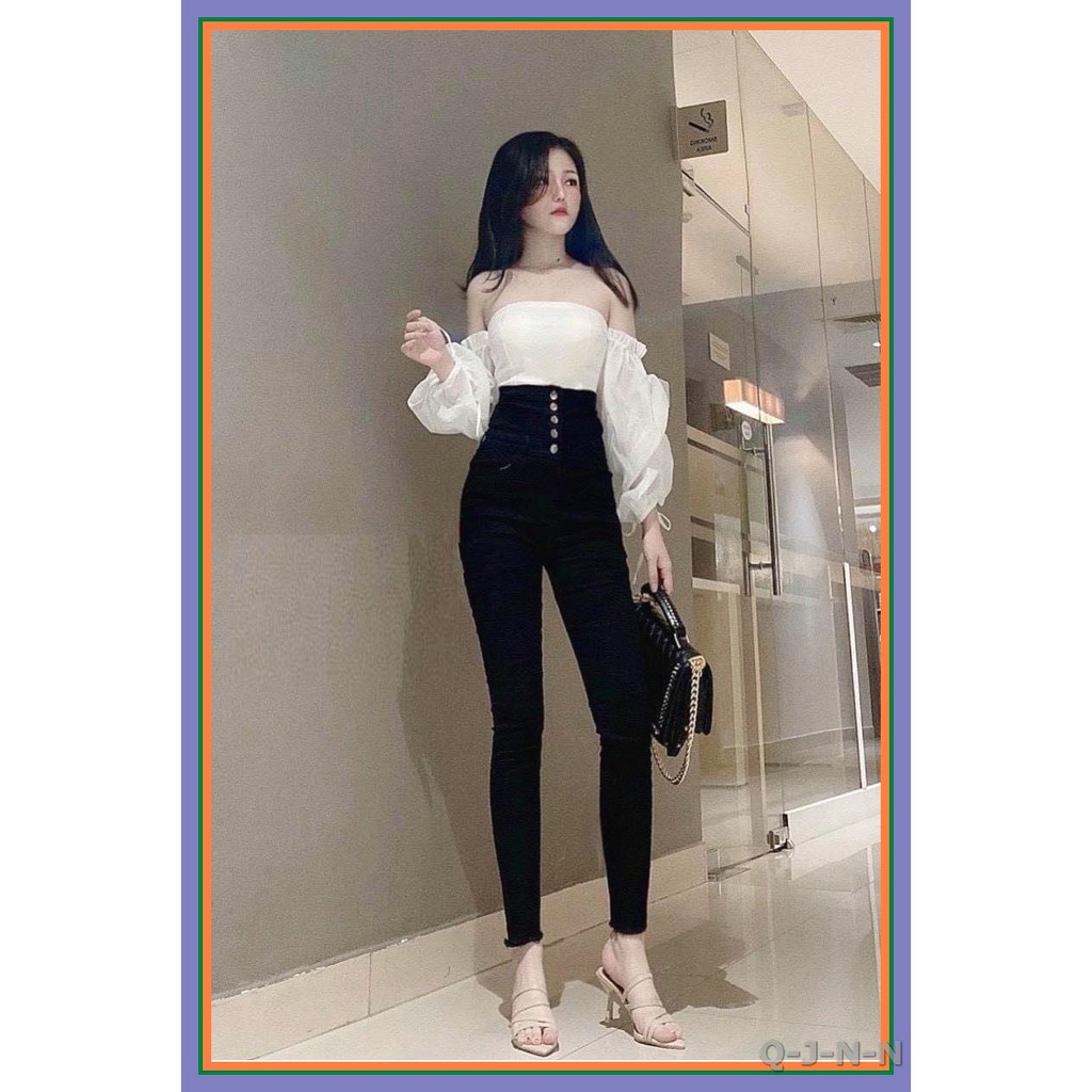 Quần jean nữ lưng SIÊU cao 5 CÚC TRƯỚC PHỐI CỘT DÂY SAU MÀU ĐEN chất jean giãn tốt 2L1-6