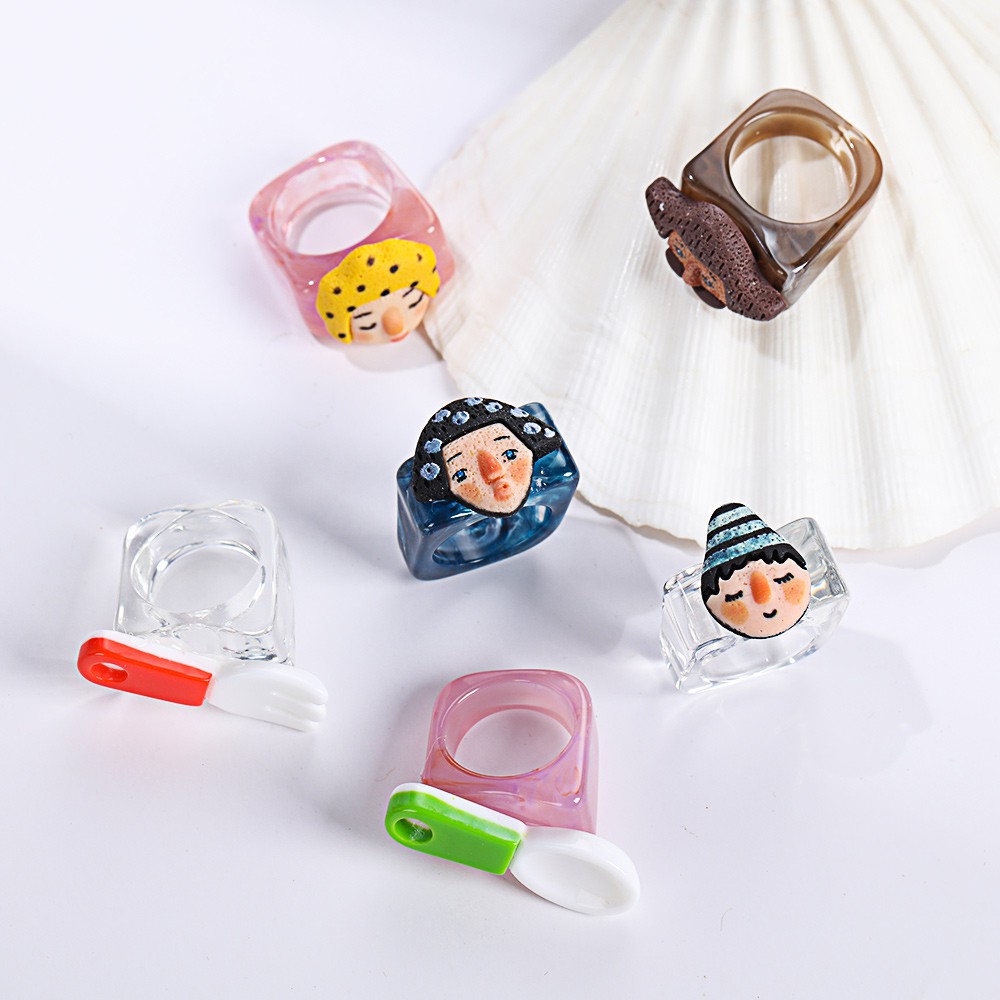 CLEVER Nhẫn nhựa acrylic trong suốt đầy màu sắc với các mẫu chân dung độc đáo