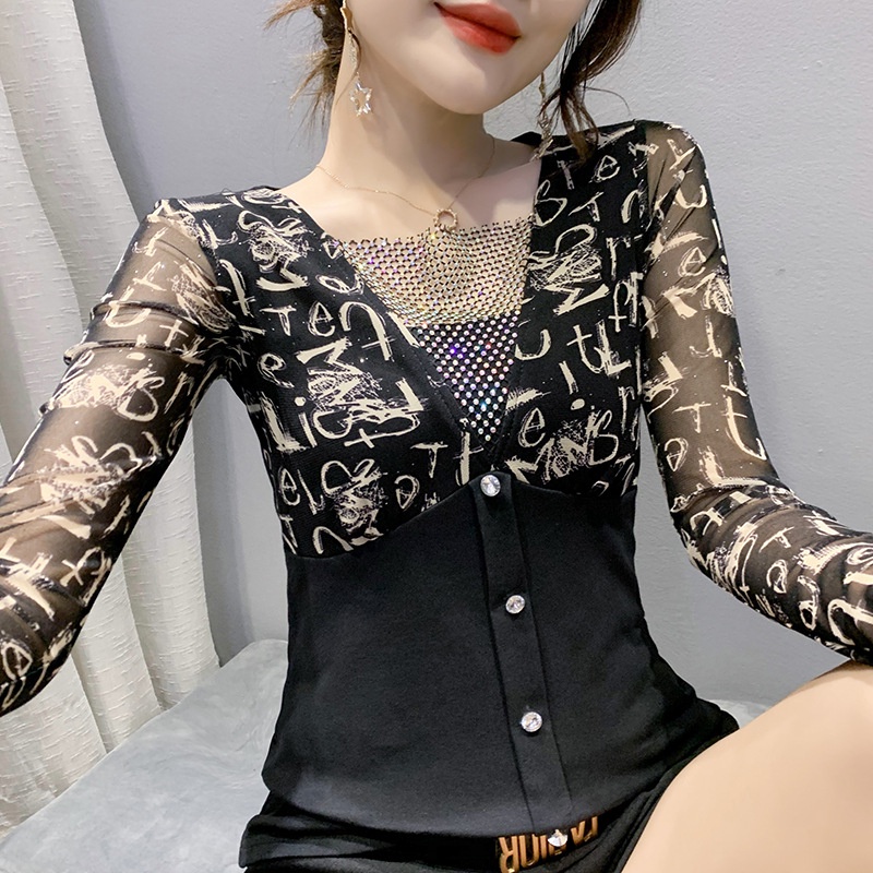 Áo lưới dài tay Áo thun dài tay nữ Phối Lưới In Họa Tiết Kim Cương Kiểu Mới