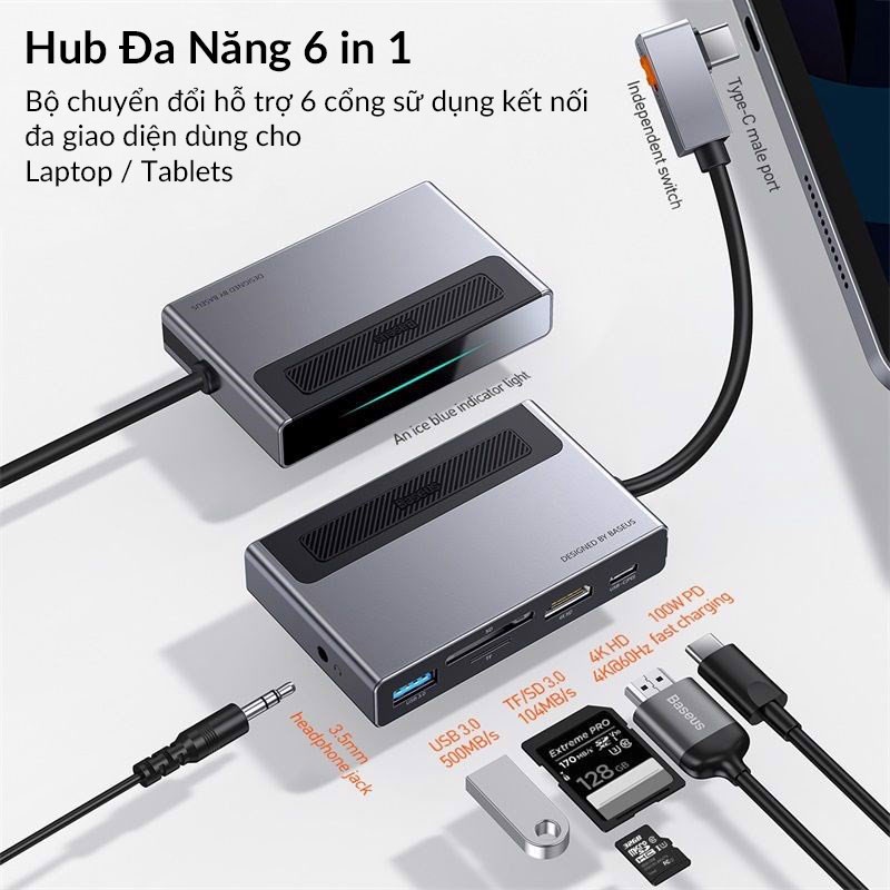 Bộ Hub Chuyển Đổi 6 In 1 Baseus Magic Multifunctional cho iPad Macbook Hỗ Trợ USB3.0, SD/TF Card, HDMI 4K60Hz, AUX 3.5mm