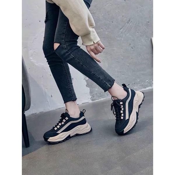 Giày thể thao nâng đế 5p siêu hot cao cấp loại 1, giày sneaker đen pha nâu kiểu dáng trẻ trung dễ phối đồ nữ