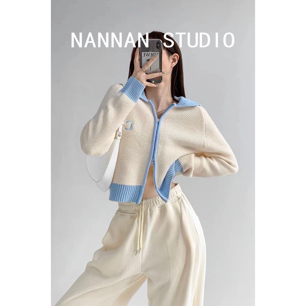 Áo Khoác Cardigan Dệt Kim Màu Sắc Tương Phản Phong Cách Retro Cho Nữ