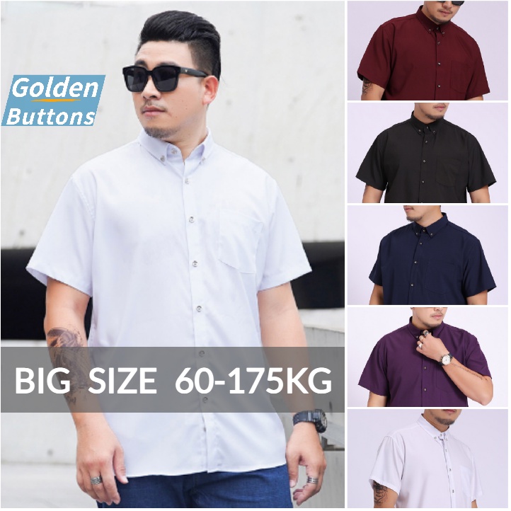 Áo Sơ Mi Tay Ngắn Màu Trơn Phối Nút Vàng Cỡ Lớn 60-175KG Thời Trang Cho Nam