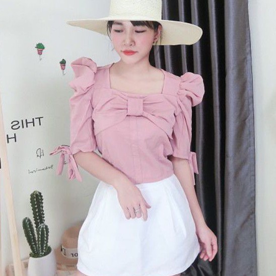 Áo Đũi Nữ, Cổ Thắt Nơ, Tay Lỡ Thắt Đai