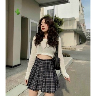 Set áo tay dài trắng croptop chân váy xếp ly tenis caro pc xinh