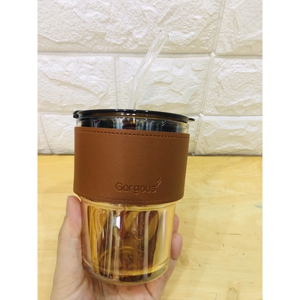 LY THUỶ TINH BỌC DA KÈM ỐNG HÚT 420ML