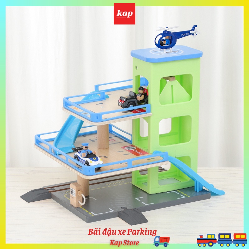Bộ bãi đậu xe, parking garage, nhà phụ kiện liên kết đường ray xe lửa gỗ