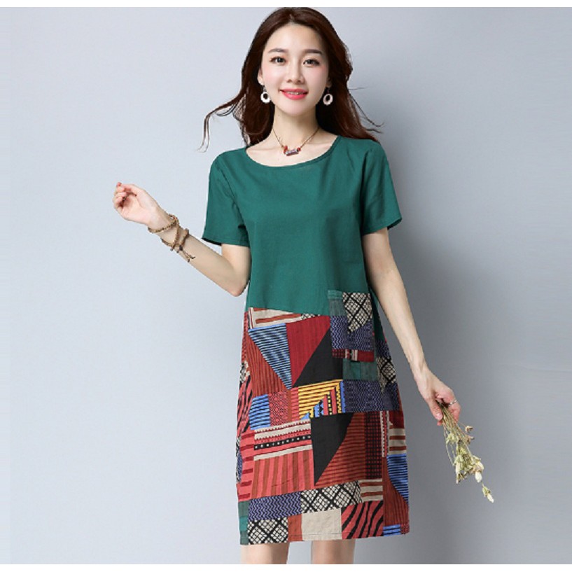 Đầm suông nữ công sở đẹp họa tiết thổ cẩm dành cho người mập bụng từ 45kg đến 75kg | BigBuy360 - bigbuy360.vn