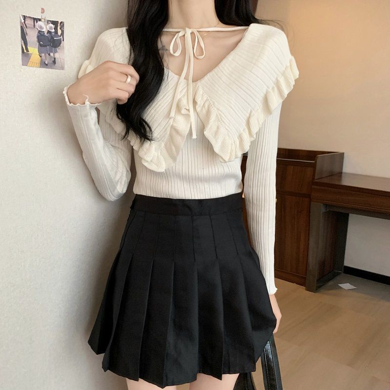 Áo sweater Pure Cube tay dài cổ chữ V thiết kế thắt dây mỏng thời trang thu đông mới cho nữ