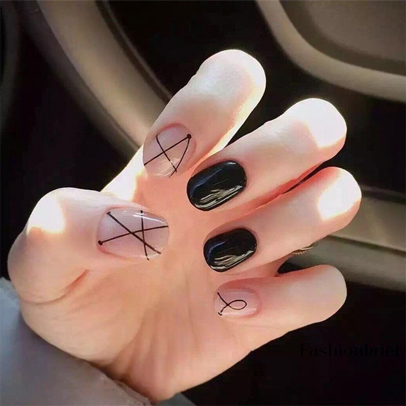 [Hàng mới về] Set 24 móng tay giả trong suốt có sọc đen đơn giản dáng vuông cho nữ