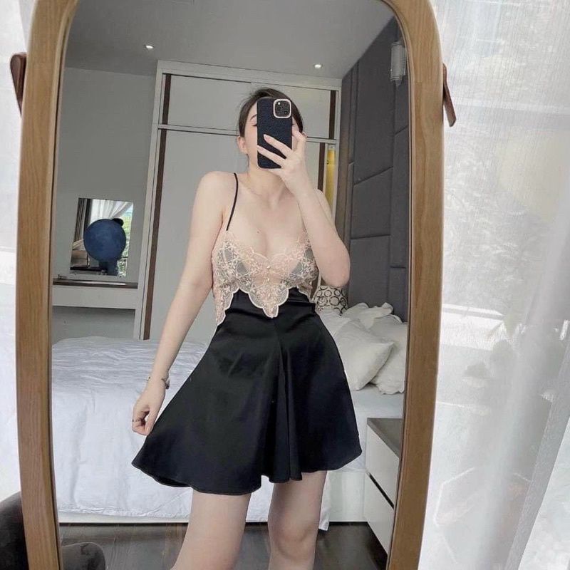 VN12 váy ngủ đầm ngủ lụa ren dáng xòe dây chéo lưng sexy