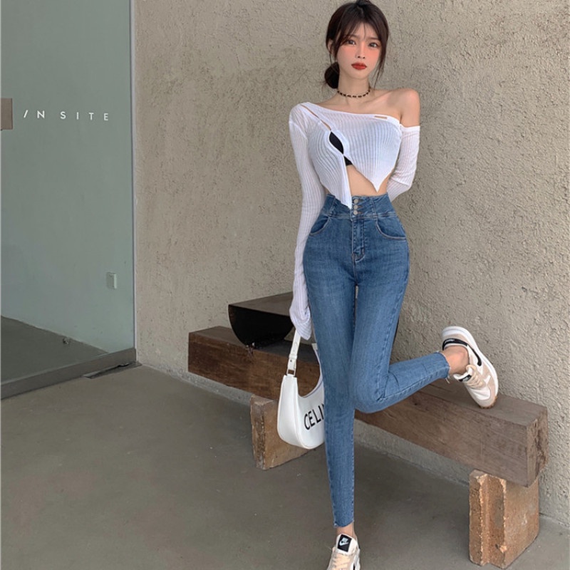 Quần Skinny Jeans lưng cao kiểu dáng đơn giản thời trang dành cho nữ