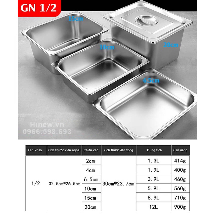 Khay đựng topping trà sữa, đồ ăn có nắp inox cao cấp, khay GN 1/2