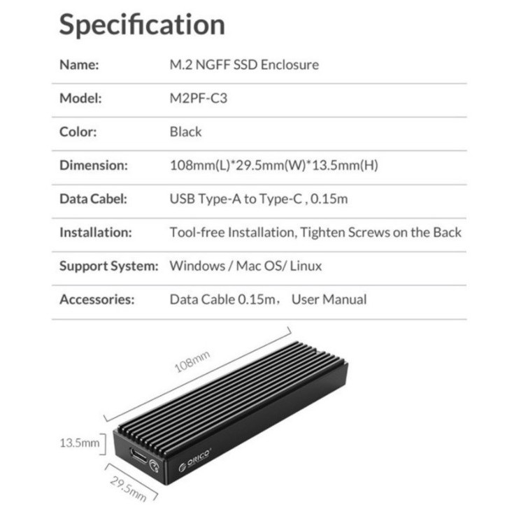 Box SSD M2 NVME ORICO M2PF-C3 M2PV-C3 PRM2F-C3Type C Tản Nhiệt Nhôm Cao Cấp