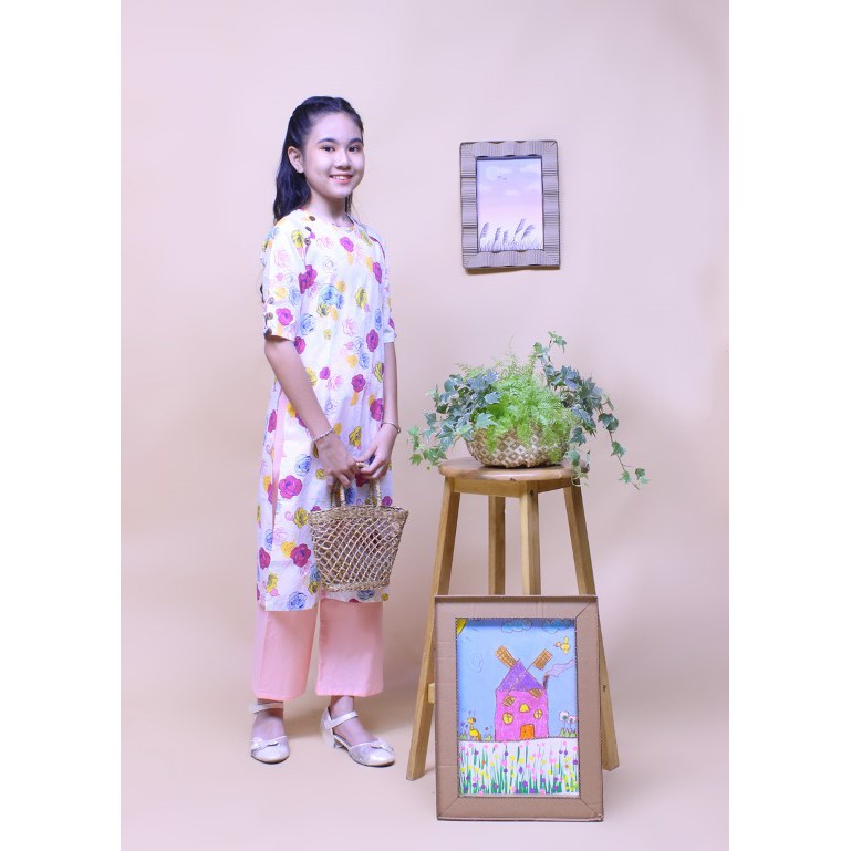 Bộ áo dài bé gái thiết kế sinh xắn dễ thương, thấm thút mồ hôi, chất liệu 100% cotton- Jadiny