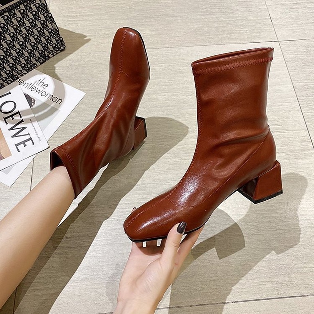 Giày Bốt Martin Nữ Ulzzang, Giày Bốt Da Mũi Vuông Cổ Ngắn Gót Vuông Dày 3cm Vintage, Hàn Quốc - Iclassy_shoes