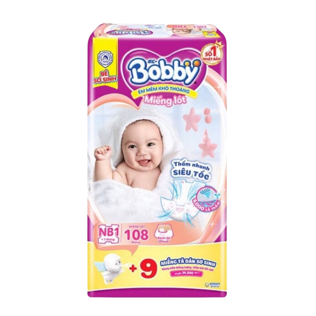 Miếng lót Bobby Newborn 1 - 108 miếng - Tặng Thêm 9 Miếng Tã Dán Bobby Size XS