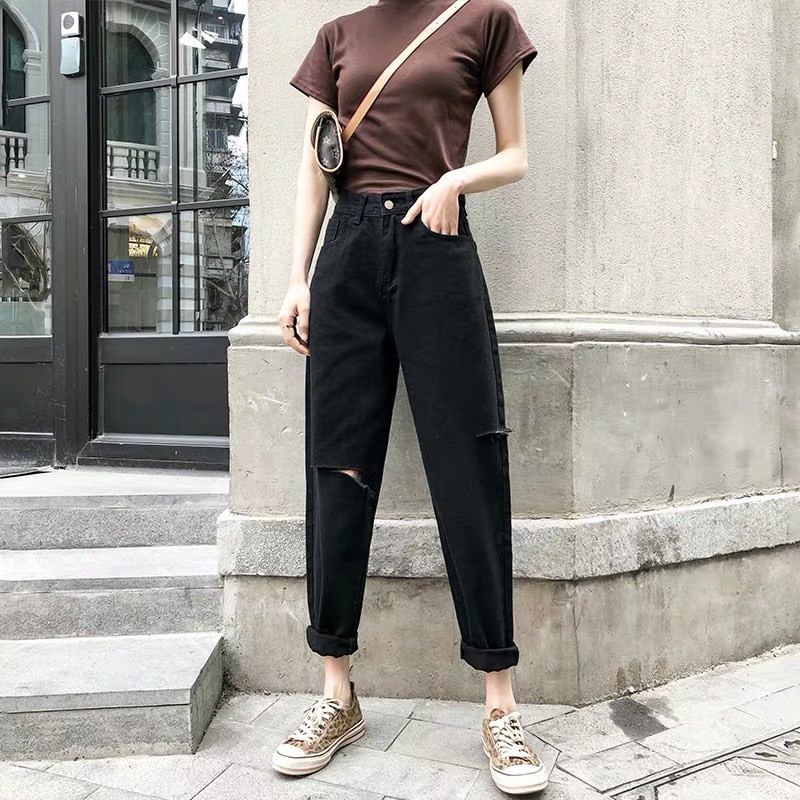 Quần jean baggy nữ BIGSIZE PHOM TO lưng cao, mẫu quần jean ống đứng, màu đen tuyền phong cách hàn quốc