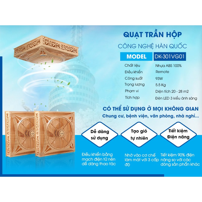 Quạt trần hộp thế hệ mới DAEKI DK-301VG01 (Tích hợp đèn LED 3 kiểu sáng )