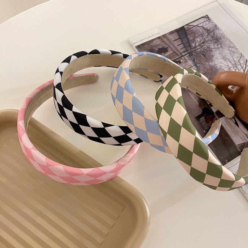 Dây cột tóc và băng đô bản rộng bằng vải in họa tiết bàn cờ thời trang Nhật và Nam Hàn