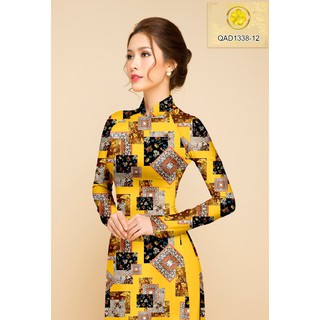 Áo dài cao cấp may sẵn Màu Vàng in 3D-CỔ THUYỂN/Tròn+kèm quần-vải co giản mạnh