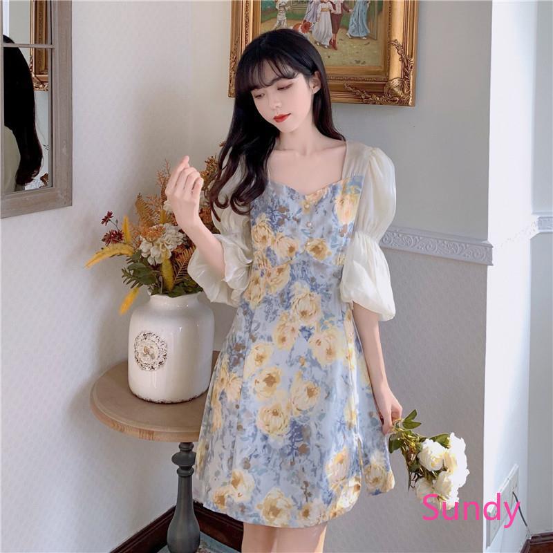 Đầm tay ngắn họa tiết hoa phong cách mùa hè thanh lịch cho nữ
