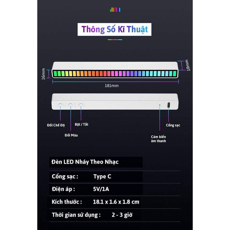 Đèn Led Cảm Biến Nháy Theo Nhạc | Đèn RGB Sạc Tích Điện Trang Trí Bàn Làm Việc, Gaming Nhiều Chế Độ Sáng
