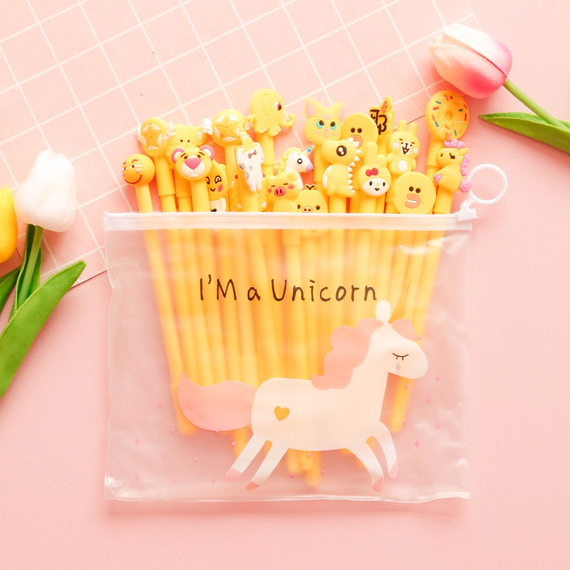 Bút nước hoạt hình dễ thương, Set 20 bút viết mực nước tặng kèm túi zip đựng đáng yêu cho học sinh làm quà tặng
