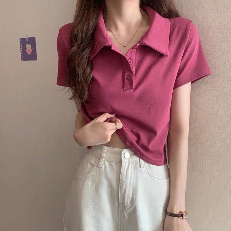 Áo Croptop Polo Hồng Đậm Amellia Nữ  Cổ Vải Cotton Co Giãn Thoáng Mát Croptop ngắn tay thun đẹp ( APL02 )