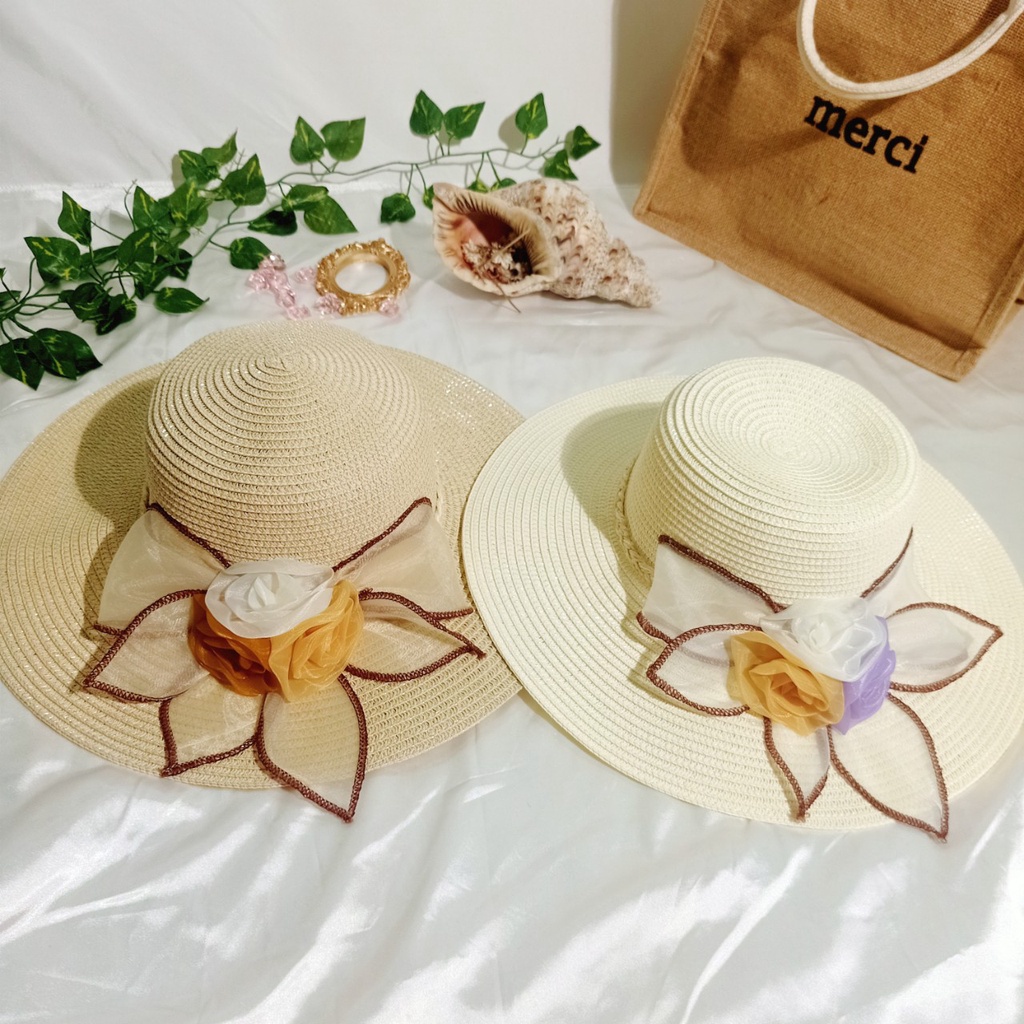 Nón cói/mũ cói nữ đi biển vành rộng phối hoa bản to rực rỡ sang chảnh hình chụp thật-vành rộng hoa to